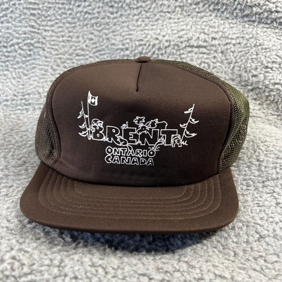 Vintage Brent Ontario Canada Snapback Hat Brown Mesh Trucker Camping Moose 90s - Picture 1 of 7